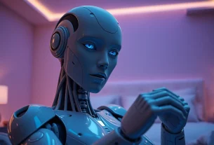 Lifelike sex bot in a futuristic bedroom, showcasing advanced technology and intimacy.