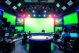 Engaging sports broadcasting anchors delivering live updates in a modern studio.