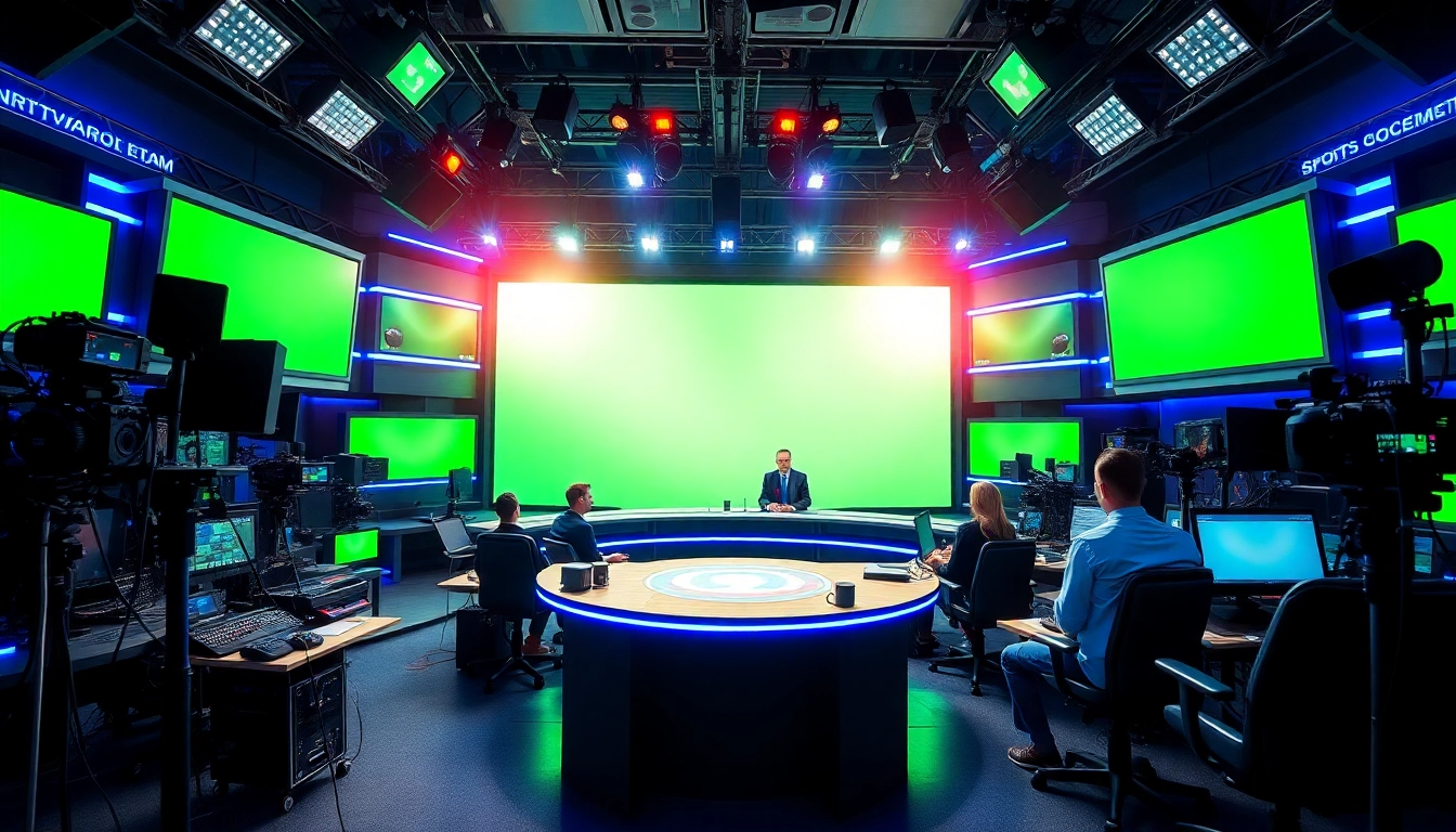 Engaging sports broadcasting anchors delivering live updates in a modern studio.