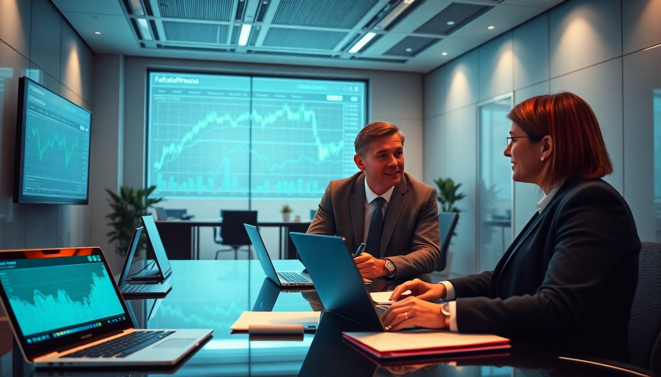 Engaged professionals discussing finance at faktafinans.se; modern office with digital charts.