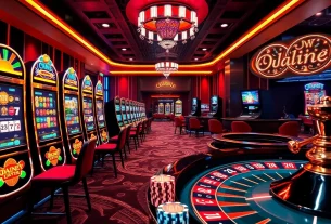 Exciting gaming experience at df9996.com with vibrant slot machines and roulette wheel.