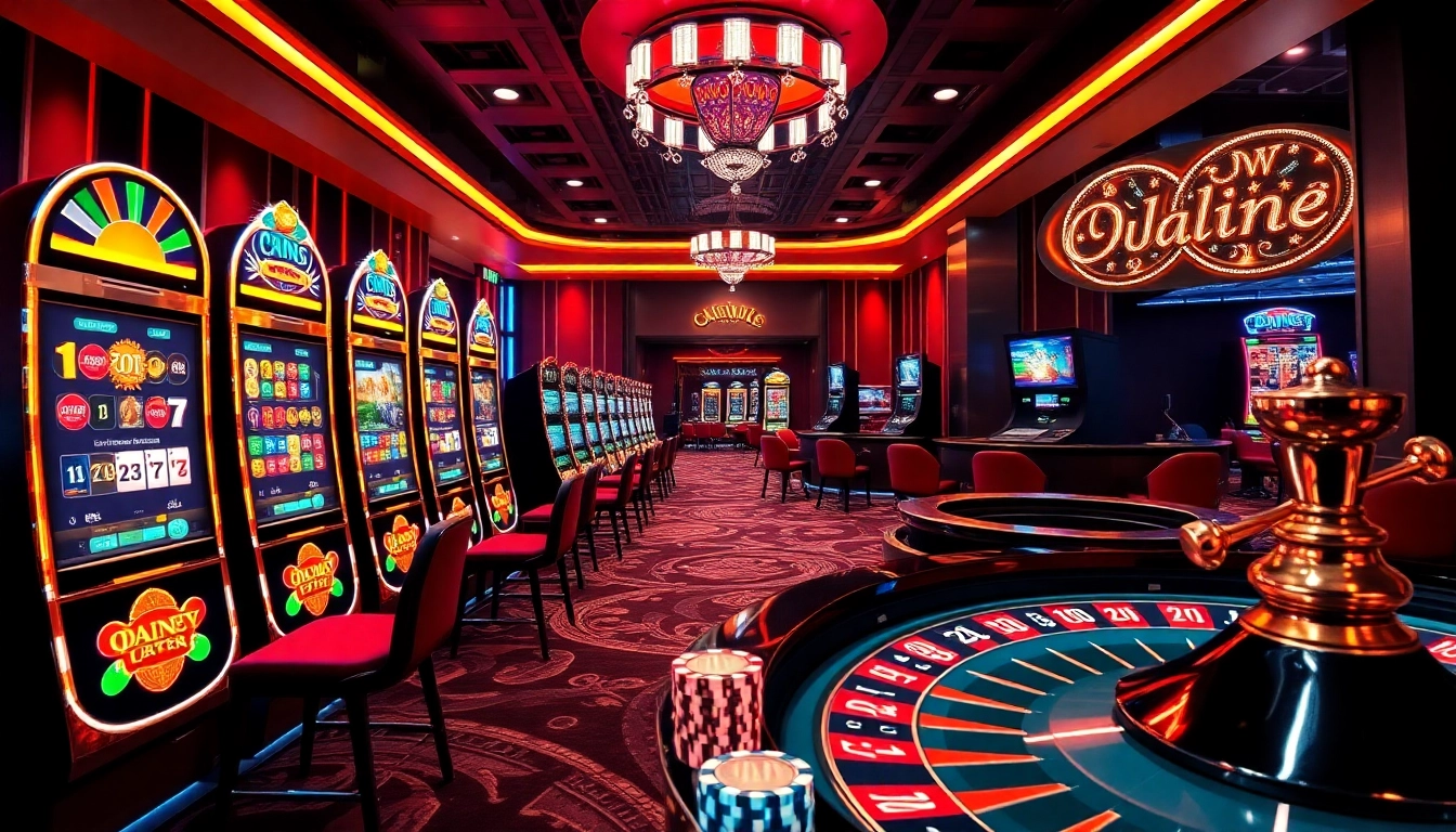 Exciting gaming experience at df9996.com with vibrant slot machines and roulette wheel.