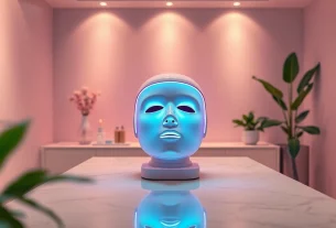 Infraröd mask displayed in a modern beauty therapy setting, highlighting its advanced technology and aesthetic appeal.