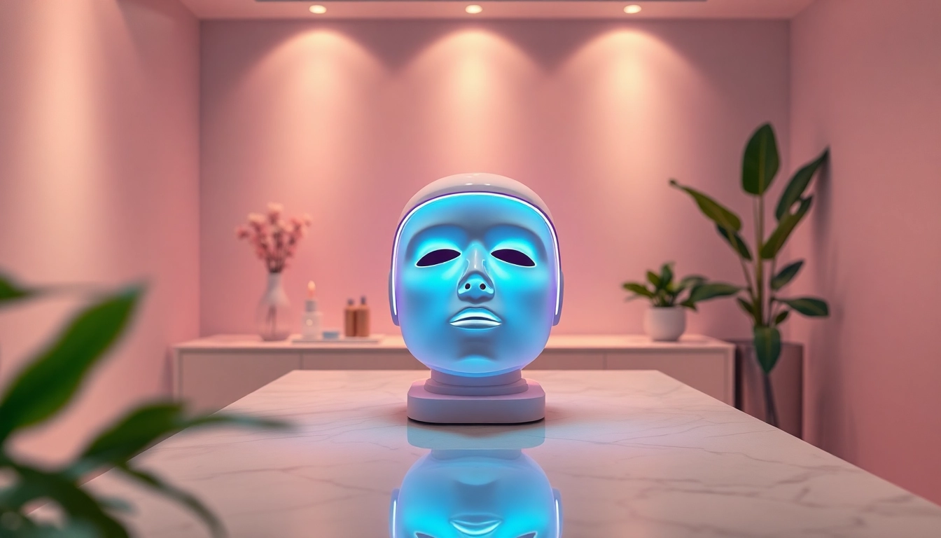 Infraröd mask displayed in a modern beauty therapy setting, highlighting its advanced technology and aesthetic appeal.