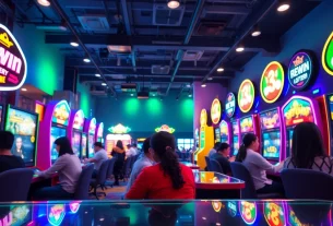 3WIN gaming lounge featuring players immersed in vibrant games and colorful LED atmosphere.