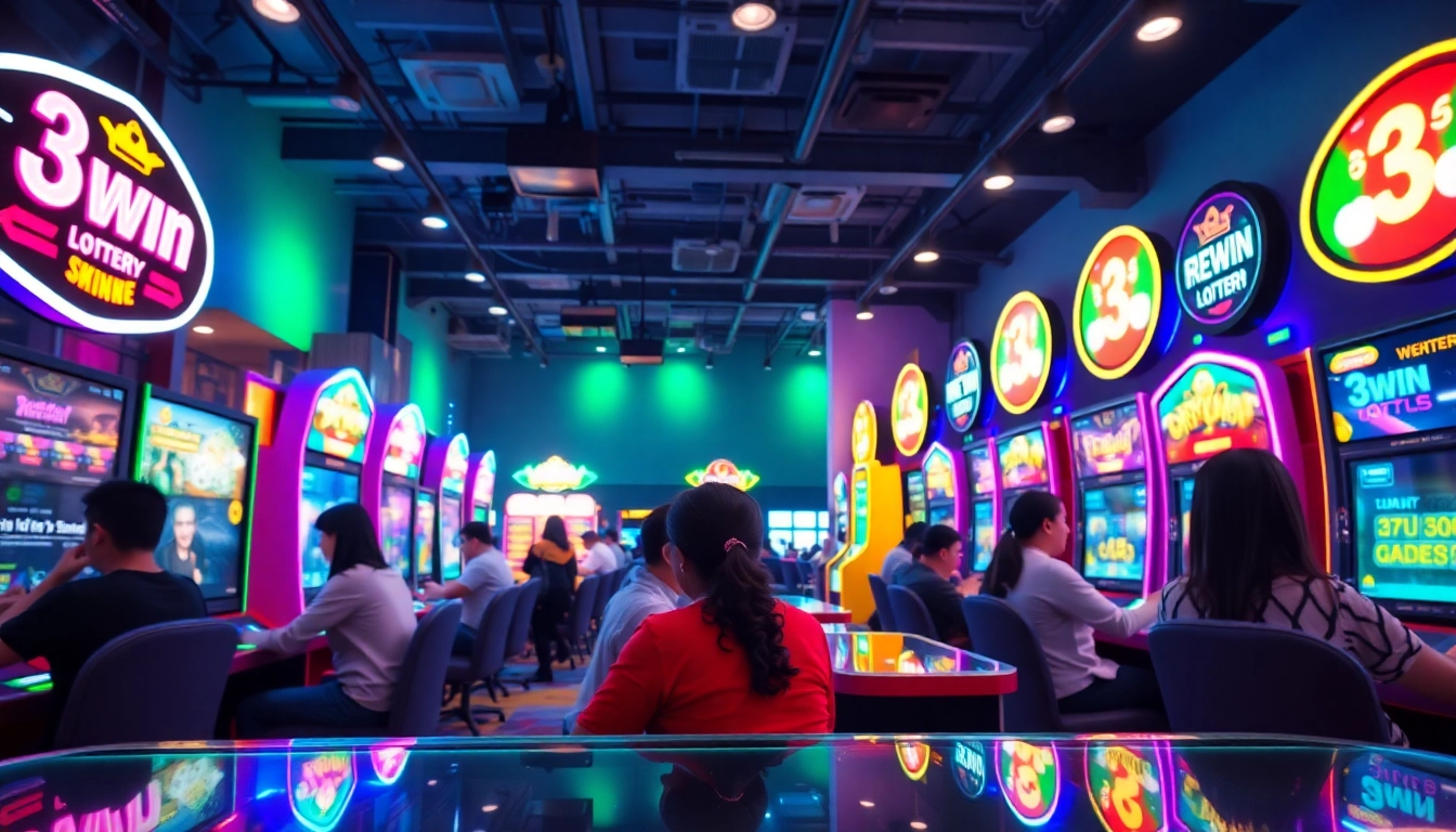 3WIN gaming lounge featuring players immersed in vibrant games and colorful LED atmosphere.