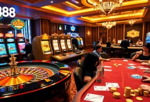 U888 online gaming interface showcasing vibrant slot machines and roulette wheel in a luxurious casino setting.