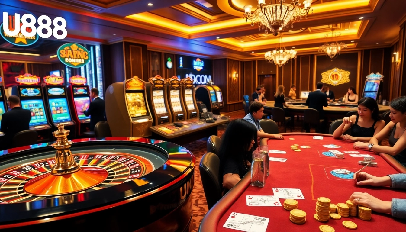 U888 online gaming interface showcasing vibrant slot machines and roulette wheel in a luxurious casino setting.