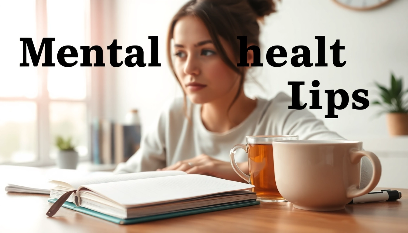 Reflect on mental health tips in a serene workspace with journal and tea.