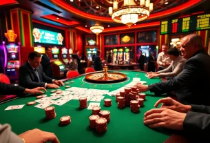 Tỷ số trực tuyến displayed in a luxurious casino setting with vibrant gaming tables and engaged players.