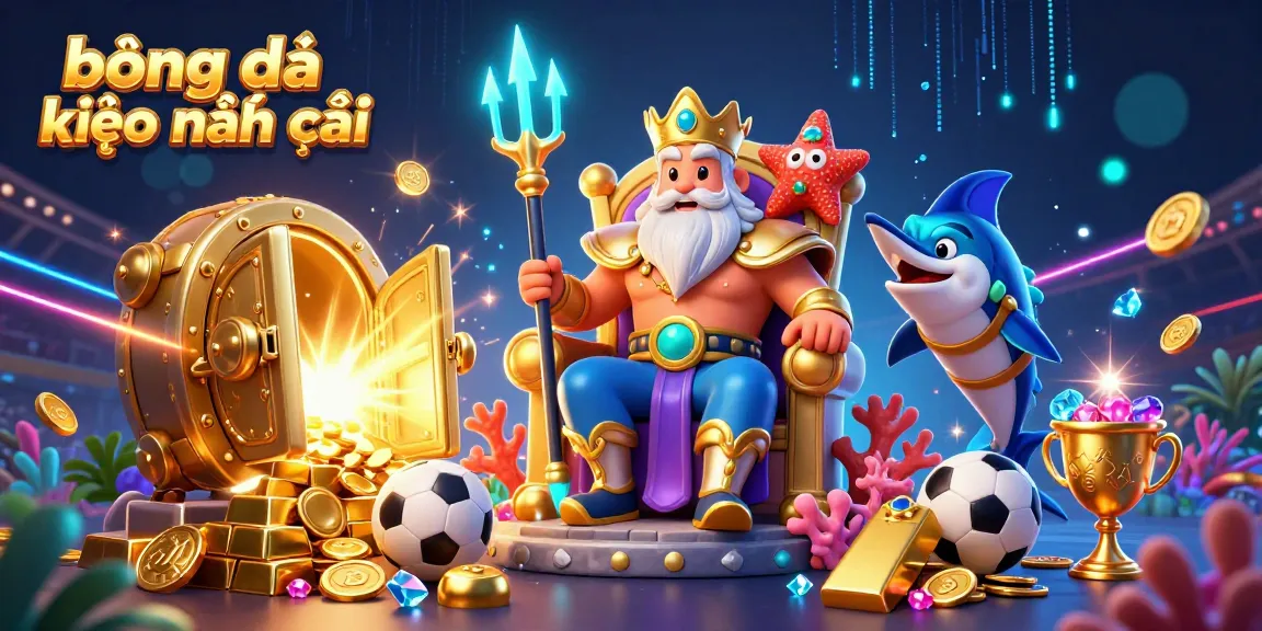 Engage with the vibrant scene of bóng đá kèo nhà cái, showcasing Neptune amidst sports balls and treasures.