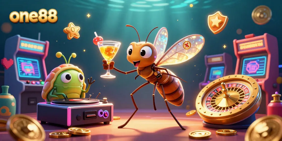 Experience one88 casino excitement with a 3D mosquito mascot and vibrant gaming elements in a lively scene.