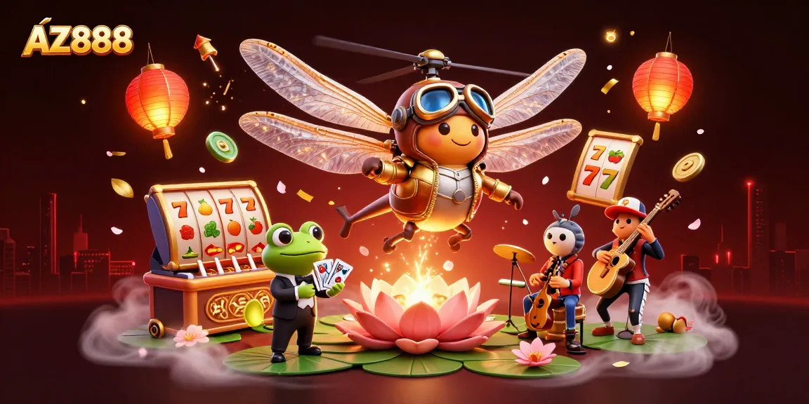 Engage in thrilling gameplay at AZ888 with vibrant slot reels and animated casino characters.